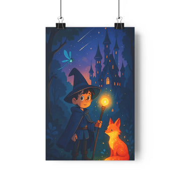 Poster décoratif mystique sorcier bleu orange enfant chambre magique lumineux aventure féerique art qualité