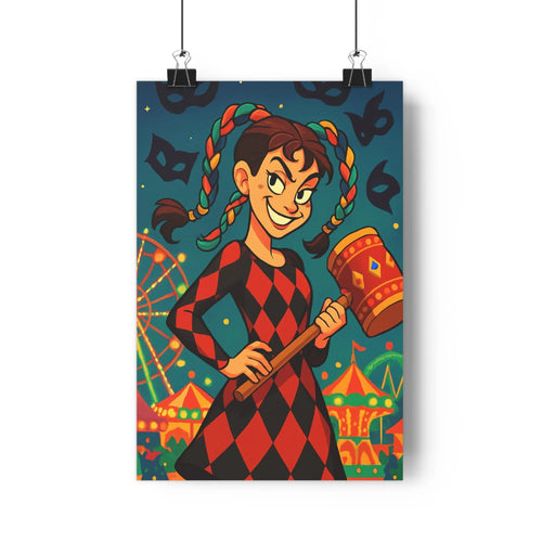 Poster cartoon femme tressée tambour robe carreaux masques carrousel bleu rouge noir festif joyeux salon chambre