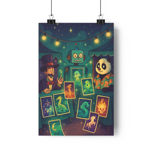 Poster robot marche animé panda homme carte symbole mystique dragon licorne crâne lune nuit guirlande lumineuse bleu vert festive chambre