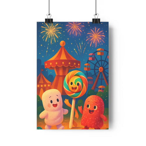 Poster joyeux cartoon sucette personnages souriants ciel nocturne feux artifice carrousel grande roue couleurs vives ambiance festive chambre enfants-décoration