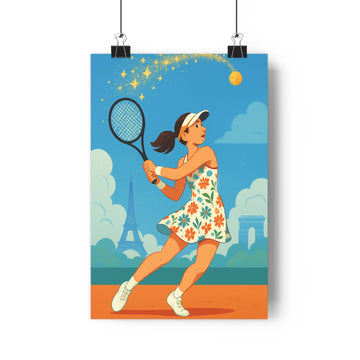 Poster joueuse tennis tour eiffel colisée ciel bleu nuages fleurs robes blanches oranges roses moderne graphique vibrant énergique chambre salon