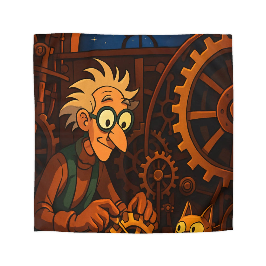 Housse de Couette Steampunk Illustrée avec Inventeur et Chat Curieux dans Atelier Nocturne