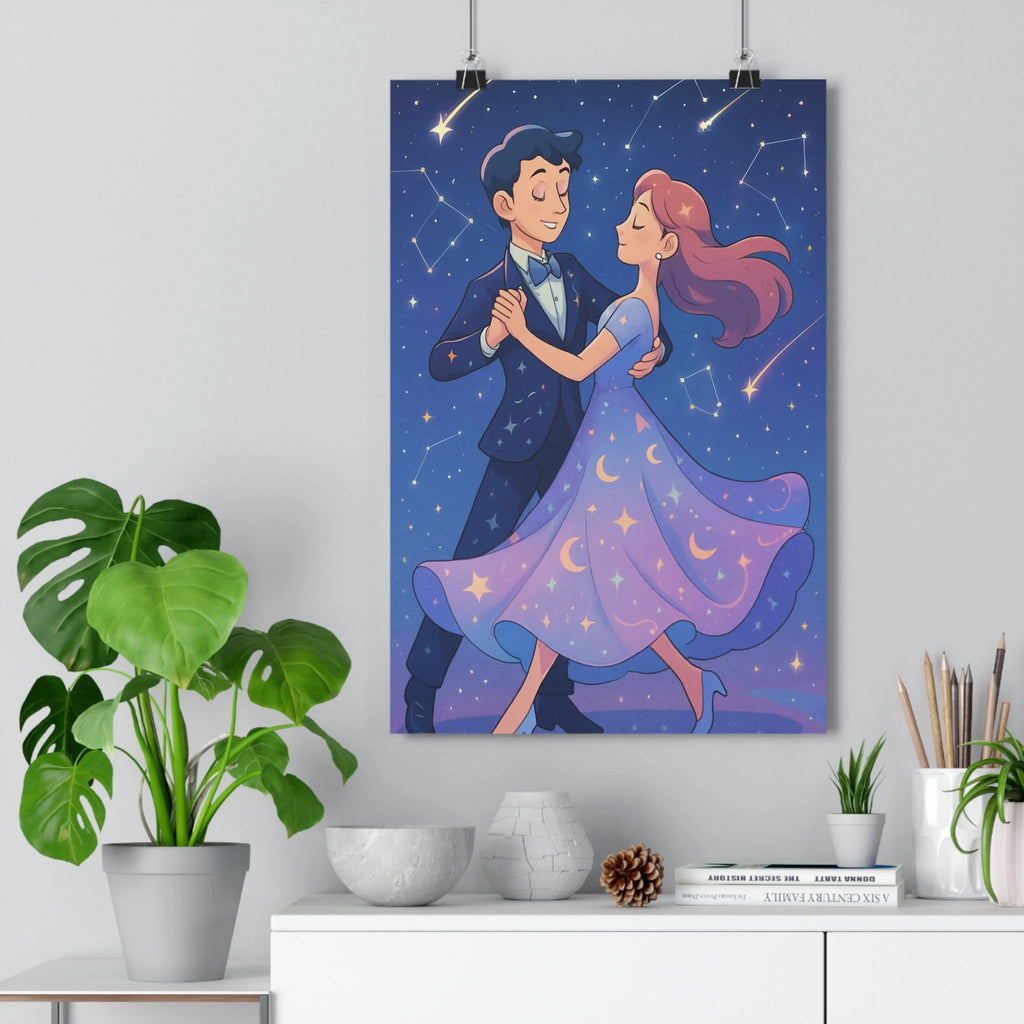 Poster romantique danse nuit étoiles lunes violets roses plante verte étagère blanche ambiance douce graphique cartoon élégant moderne salon chambre