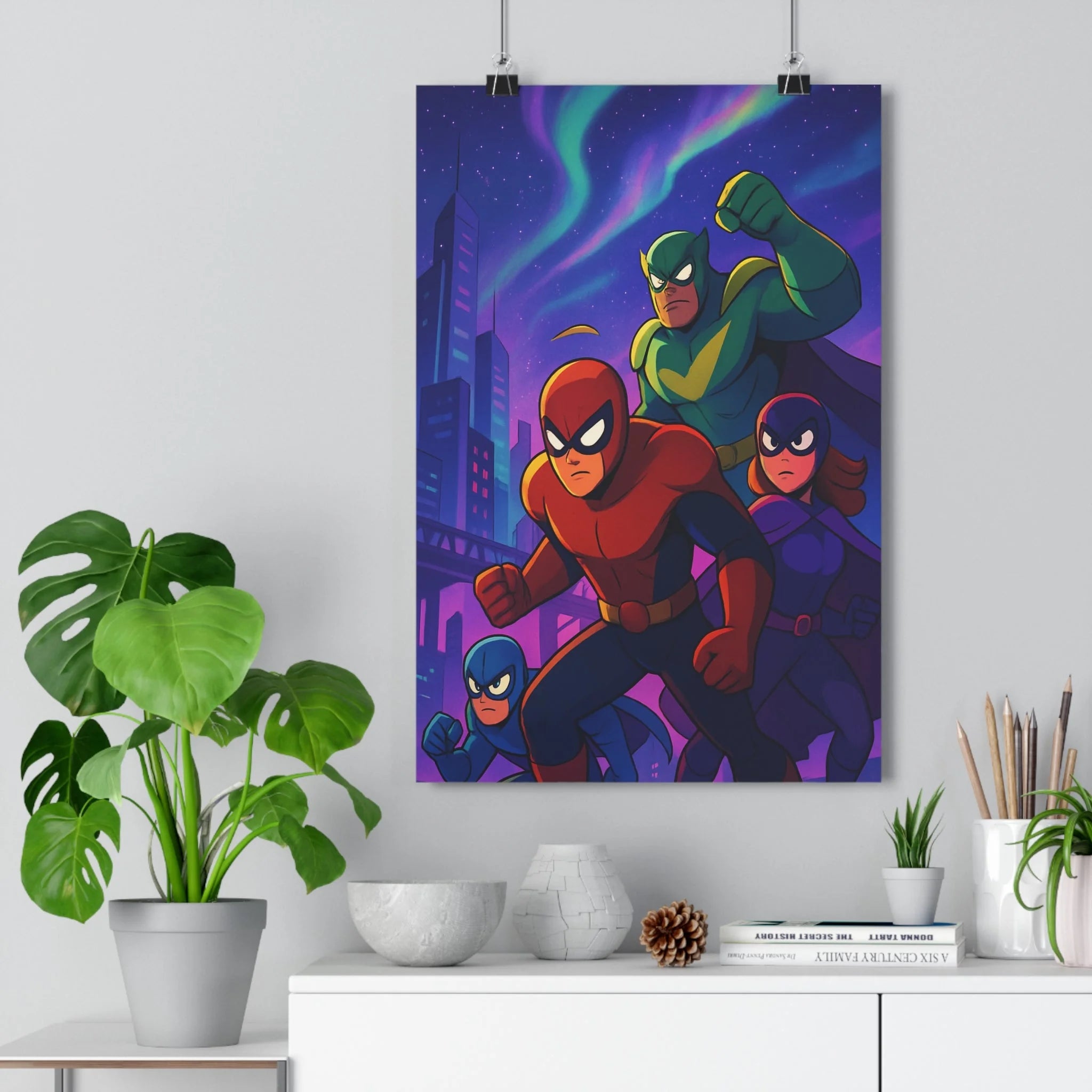 Poster décoratif cartoon rouge vert bleu violet moderne aventure chambre salon bureau héros masqués