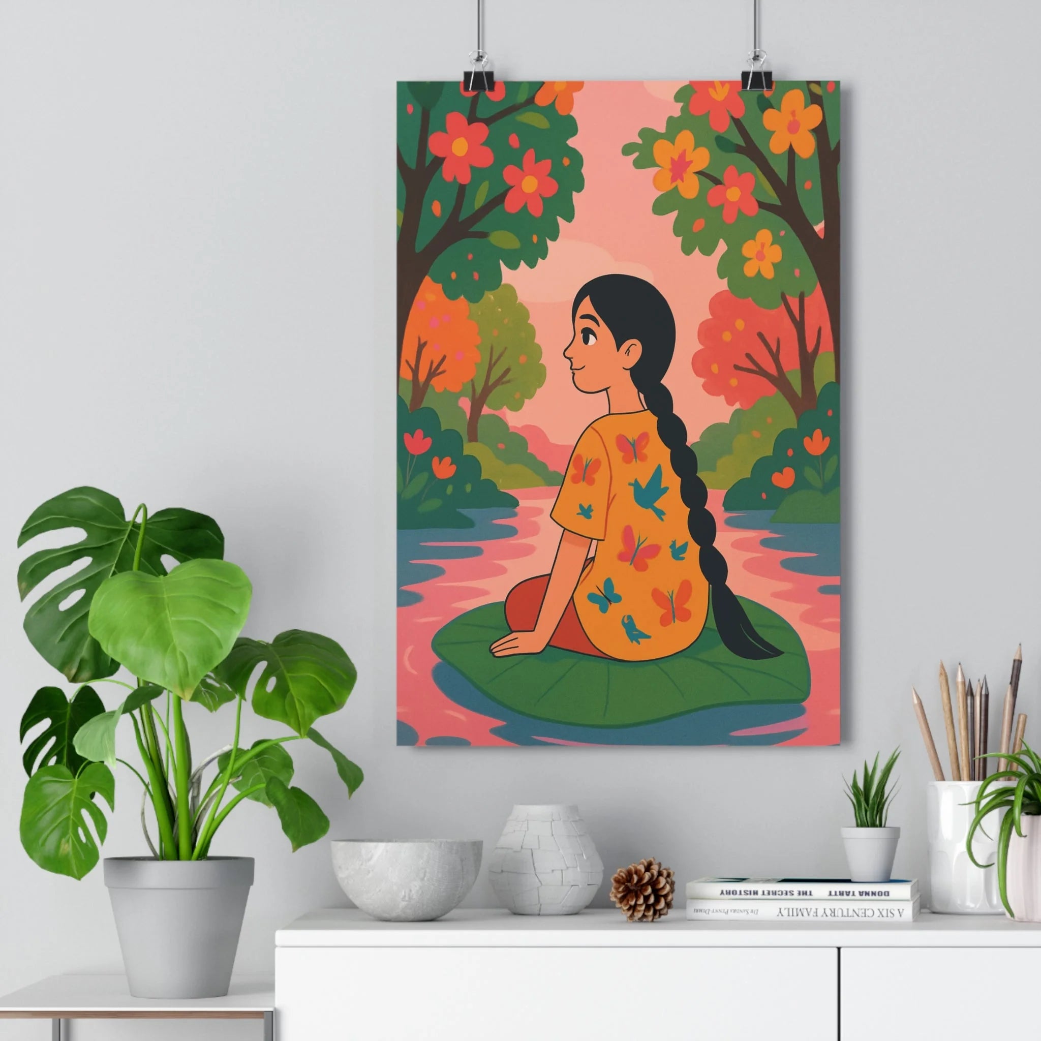 Poster décoratif poétique illustration femme nature papillons colorés dessin animé chambre salon enchanteur qualité