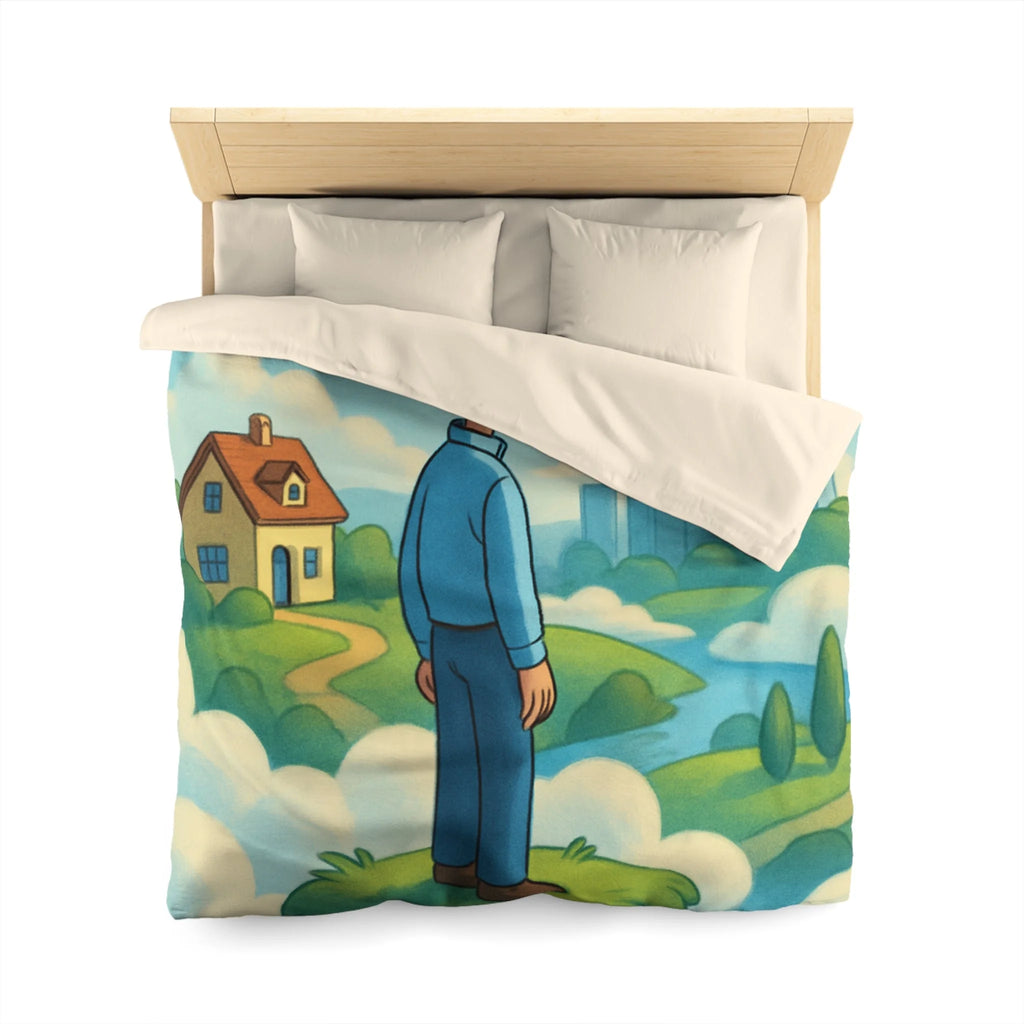 Illustration de rêve serein de paysage flottant avec personnage et ville éloignée
