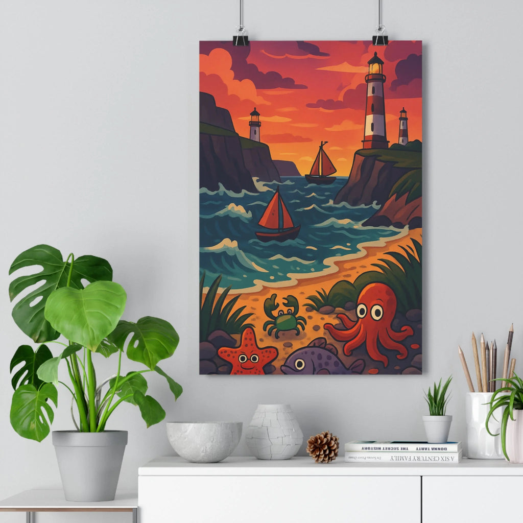 Poster décoratif coloré mer aventure côtière lumineux bleu orange salon moderne chambre ludique qualité