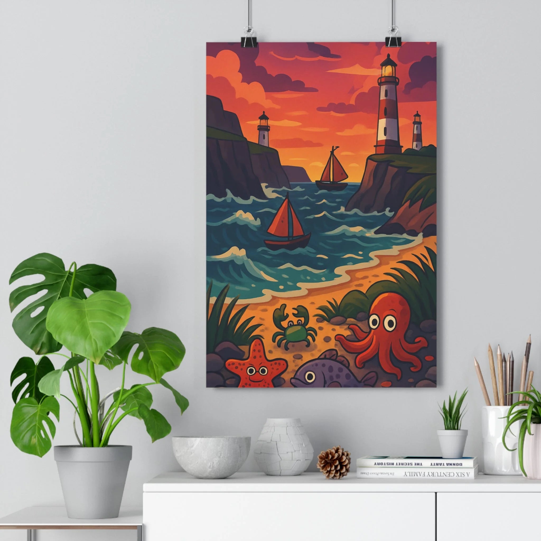 Poster décoratif coloré mer aventure côtière lumineux bleu orange salon moderne chambre ludique qualité