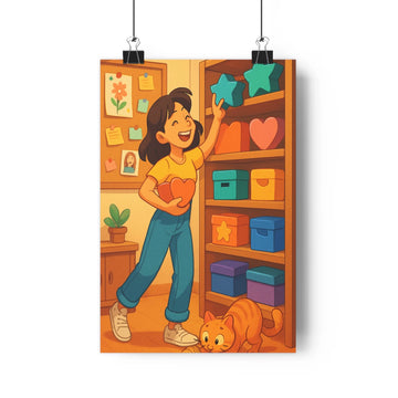 Poster joyeuse fille coeurs chats plantes livres table colorée cartoon chaleureux contemporain chambre salon