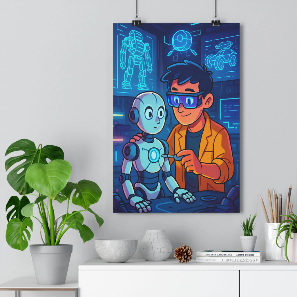 Poster décoratif moderne futuriste bleu orange chambre bureau ingénieur robot dessin animé technologie format