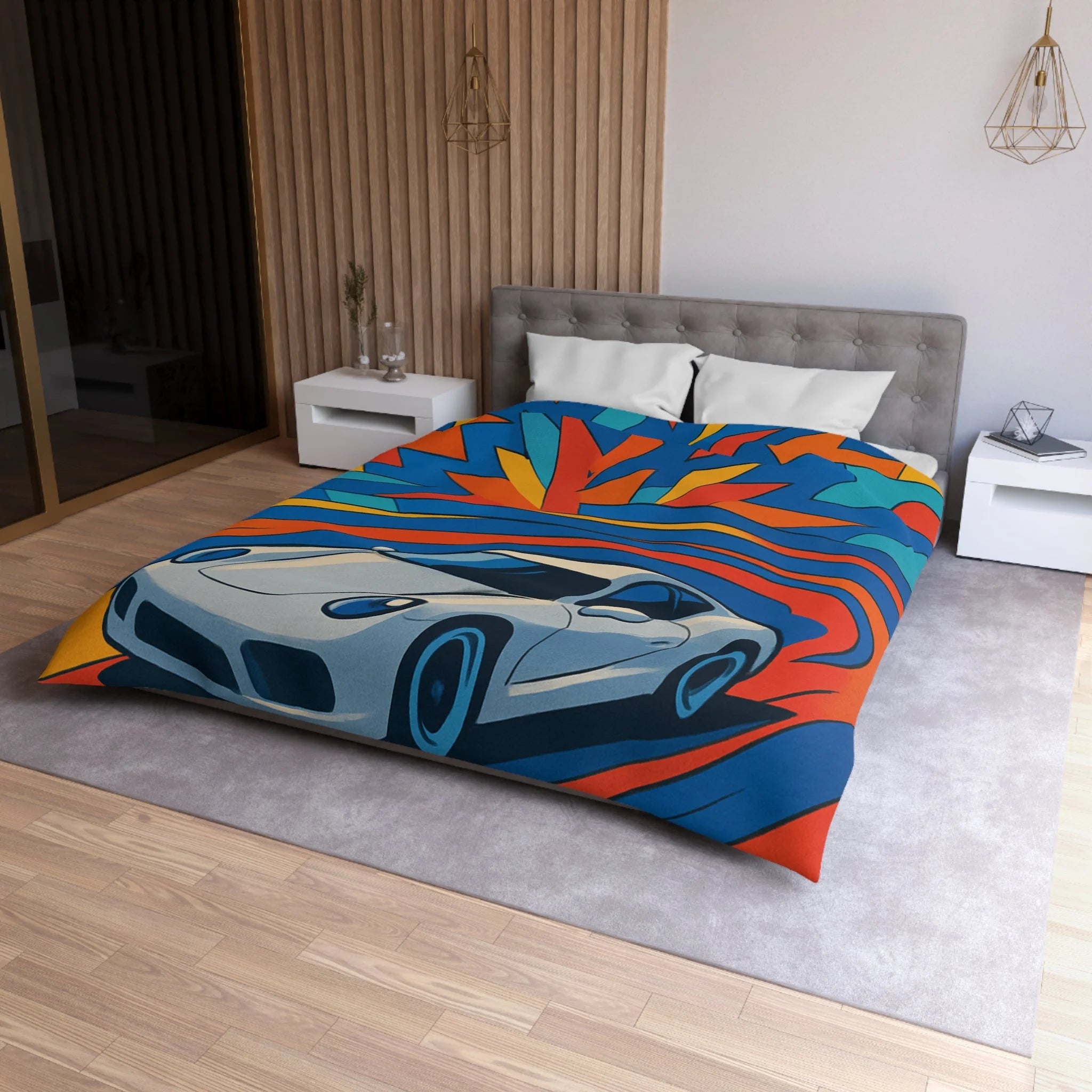 Housse de couette voiture sportive dynamique avec explosion de couleurs vives et éclatantes