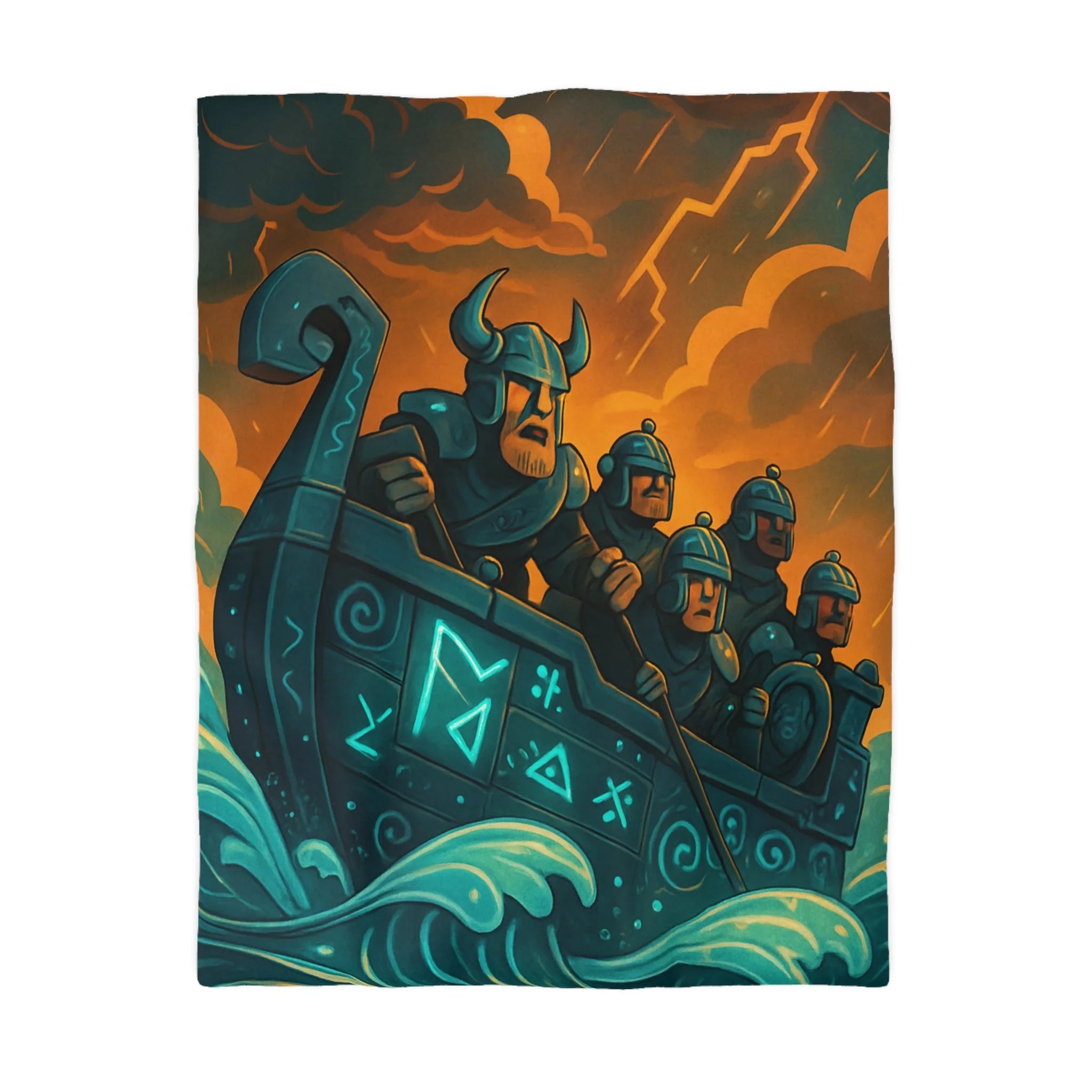 Housse de Couette Motif Vikings en Bateau sous Orage Céleste Féroce et Saisissant