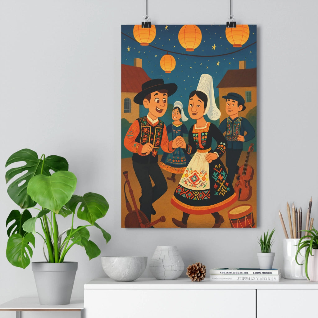 Poster décoratif festif coloré Bretagne danseurs traditionnels cartoon joyeux salon chambre musique lanternes bombarde