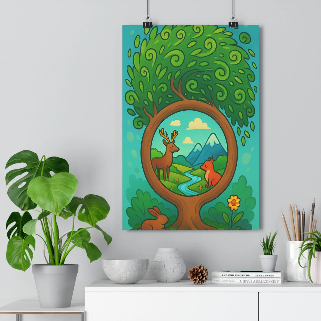 Poster décoratif stylisé vert bleu brun nature joyeux salon chambre enfant mural tendance ambiance