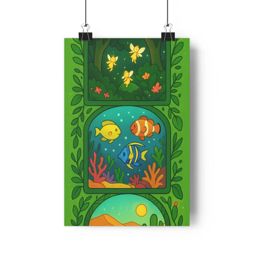 Poster marin poissons coraux algues verte bleue floral enfantin contours nets couleurs vives paisible vivant salon chambre
