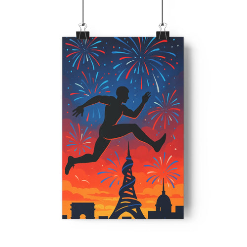Poster moderne silhouette saut ciel nocturne feux artifice tour eiffel arc triomphe couleurs vives ambiance festive dynamique chambre salon