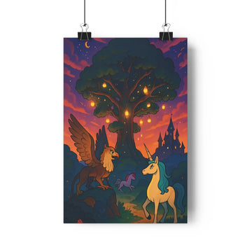 Poster fantastique arbre lumineux licorne chimère château crépuscule violet orange doux mystérieux féerique enchanté chambre rêve unique