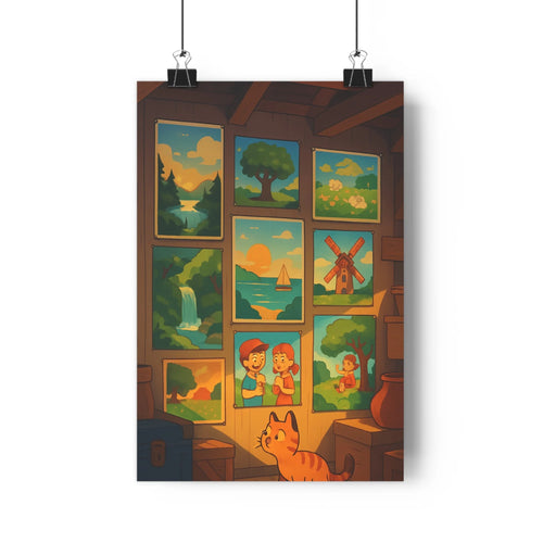 Poster intérieur fenêtre paysages cascade lac fleurs arbre couchersoleil moulin village personnages banc chat table livres pomme pine ambiance naturelle