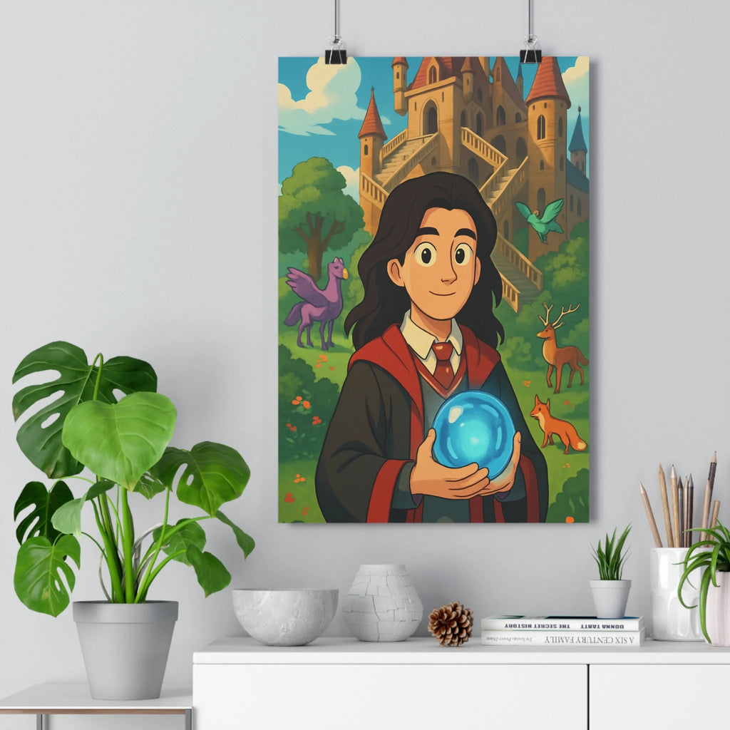 Poster décoratif sorcier orbe lumineux château créatures magiques animé coloré enchanté chambre bureau 30x46