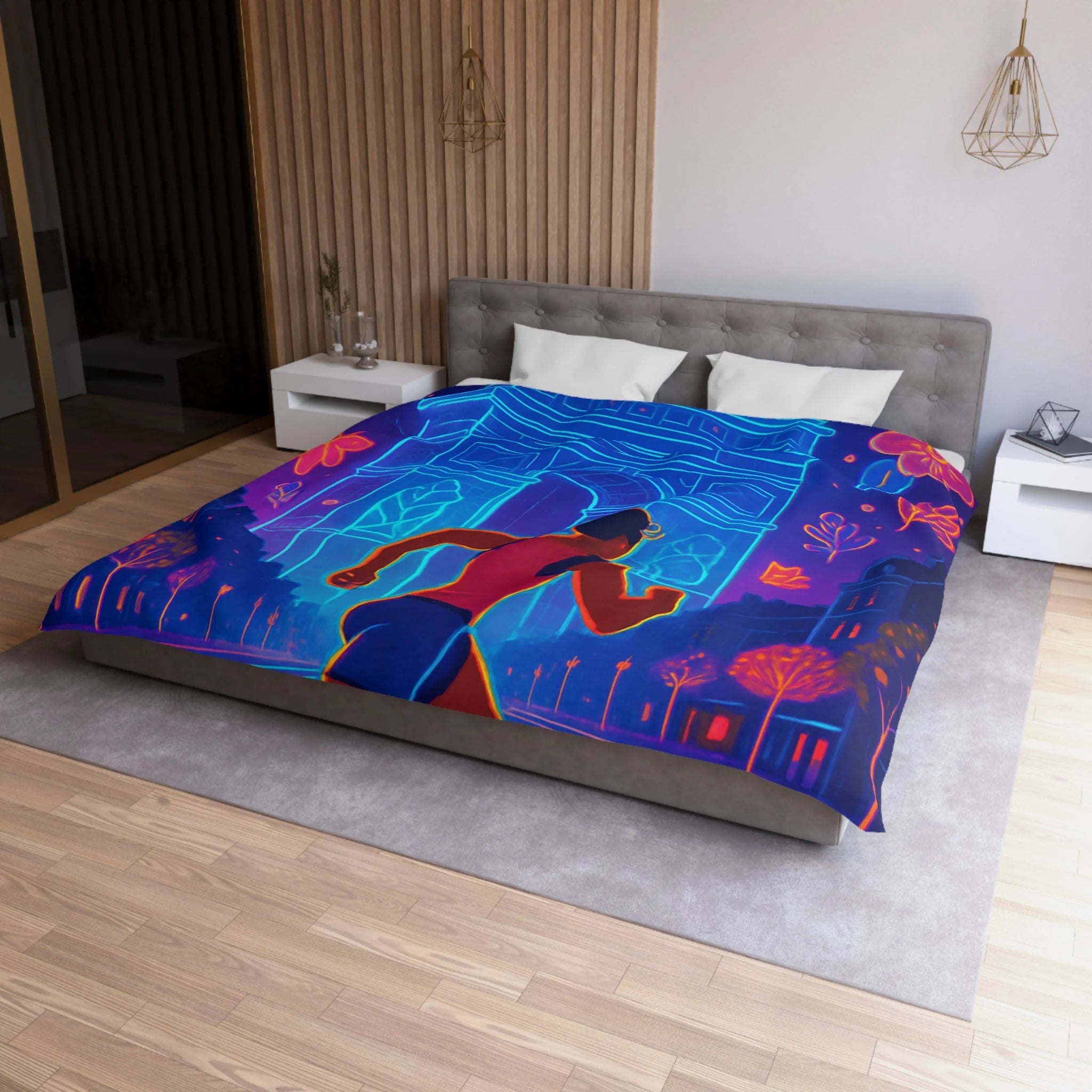 Housse de Couette Vibrante : Coureur Devant Monuments et Fleurs Scintillantes de Paris