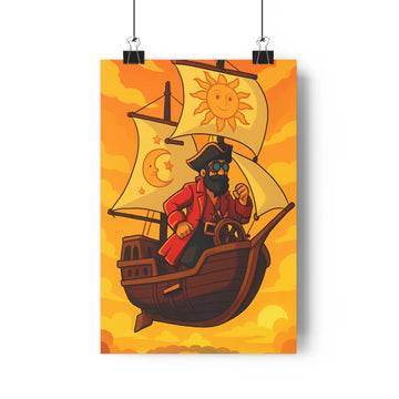 Poster pirate bateau ciel jaune orange voiles soleil lunettes barbe plantes mur blanc aventure fantastique cartoon optimiste chambre salon