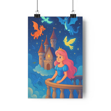Poster fantasy princesse château dragons nuages lumière bleue doré rose balcon graphique léger magique