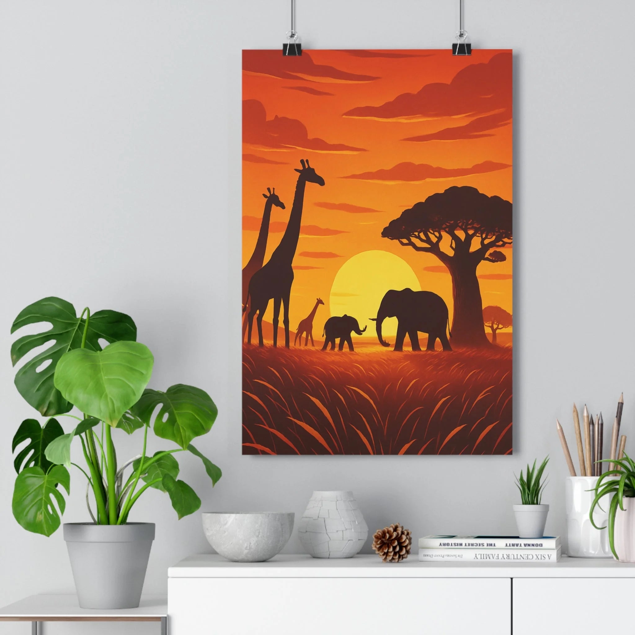 Poster décoratif crépuscule savane girafes éléphants coucher soleil vibrant cartoon réaliste exotique paisible chambre