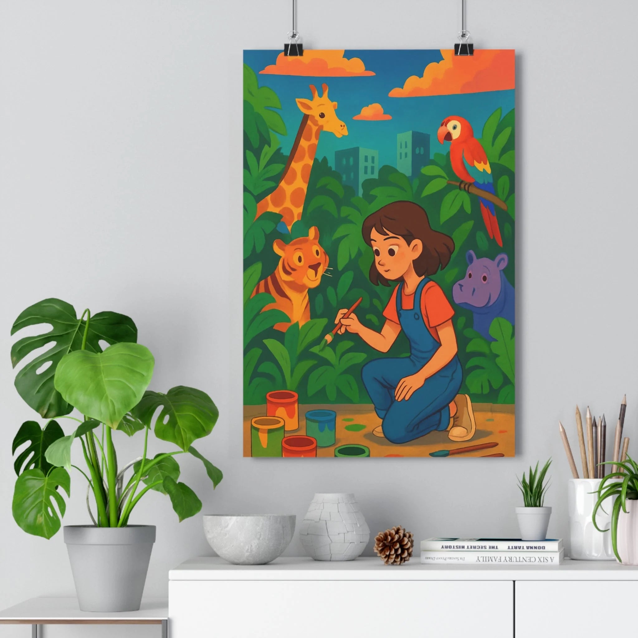 Poster décoratif enfant coloré cartoon joyeux chambre créatif girafe tigre perroquet hippopotame 30x46 qualité