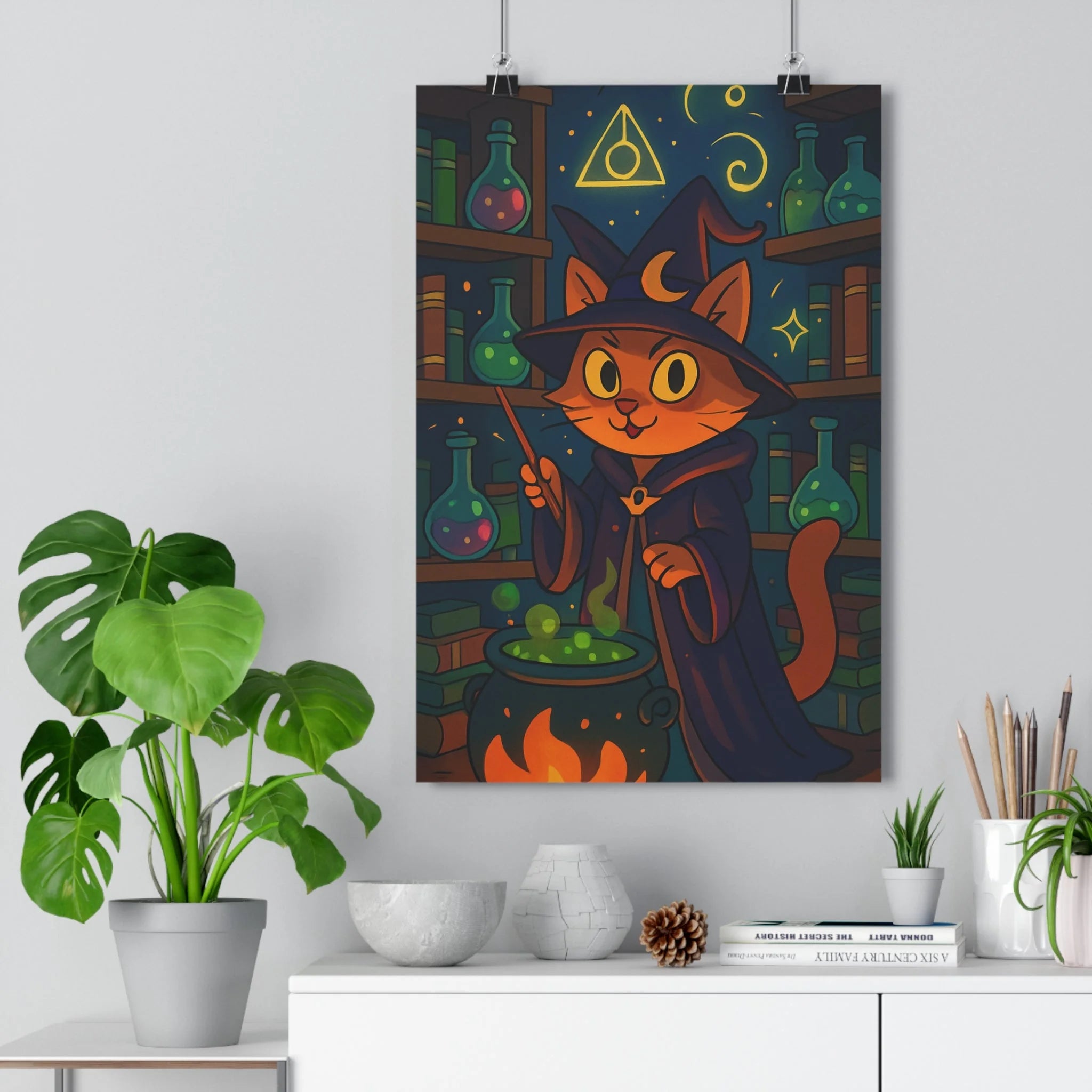 Poster décoratif magique sorcier chat fantaisie chambre mystique coloré vibrant mystérieux enfant bureau mur