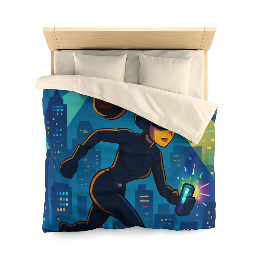 Housse de couette moderne avec motif de ville et personnage futuriste en action