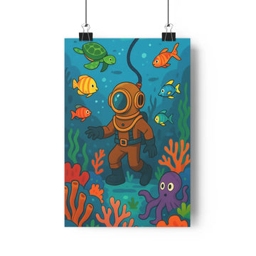 Poster sous marin plongeur poissons tortue octopus coraux bleu orange vert ambiance joyeuse enfantine cartoon chambre salon