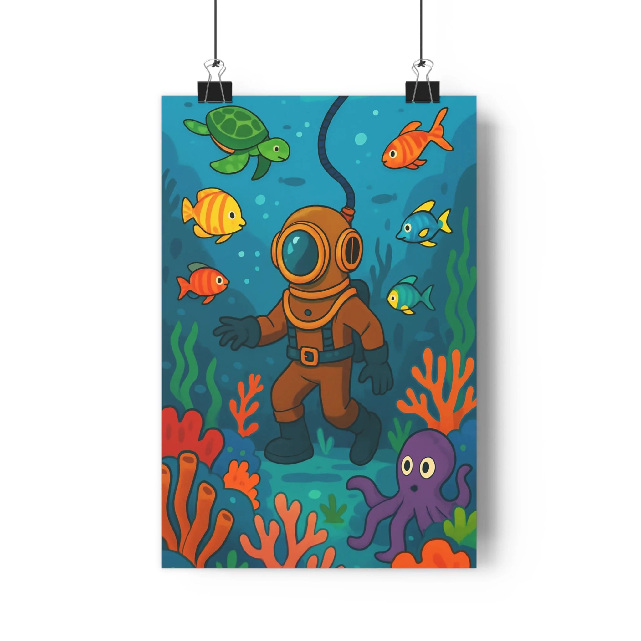 Poster décoratif rétro sousmarin bleu orange vert aventure dessin animé vintage chambre enfant 30x46