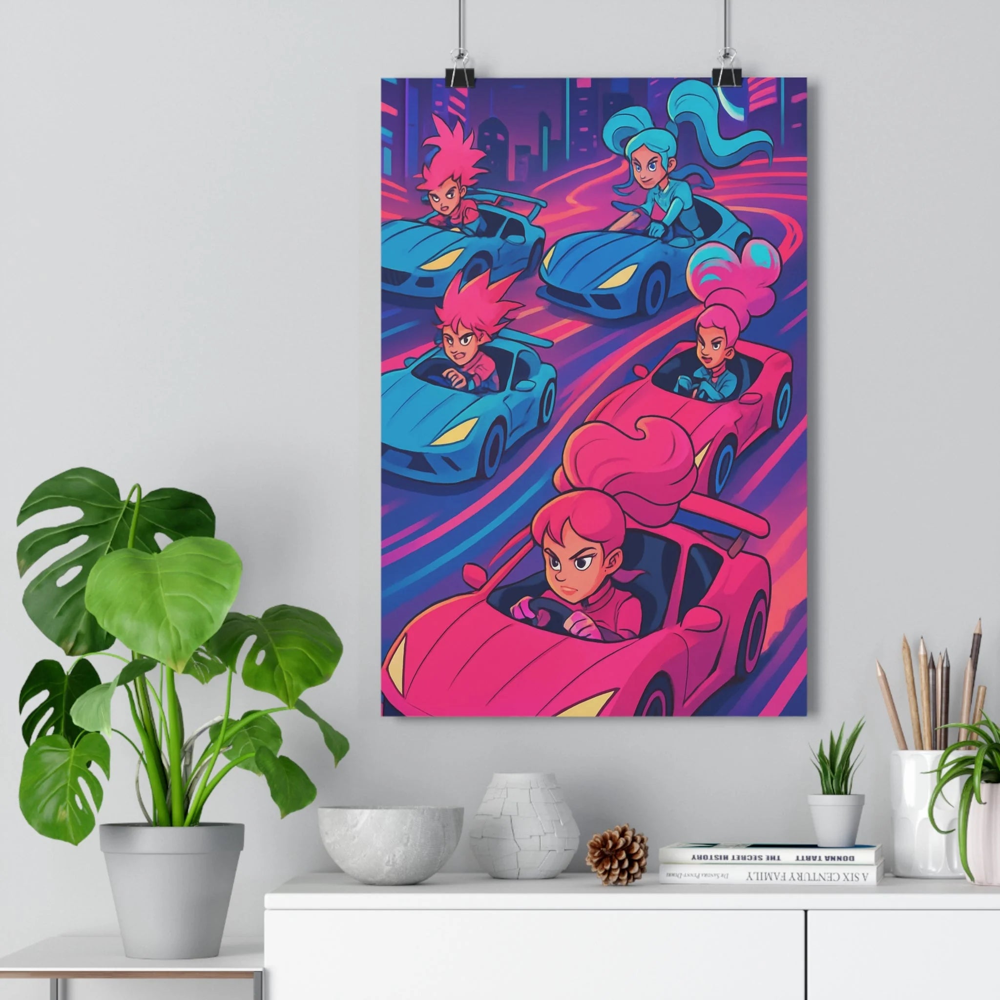 Poster décoratif course futuriste rose bleu cartoon dynamique salon enfant moderne vibrant captivant élégant