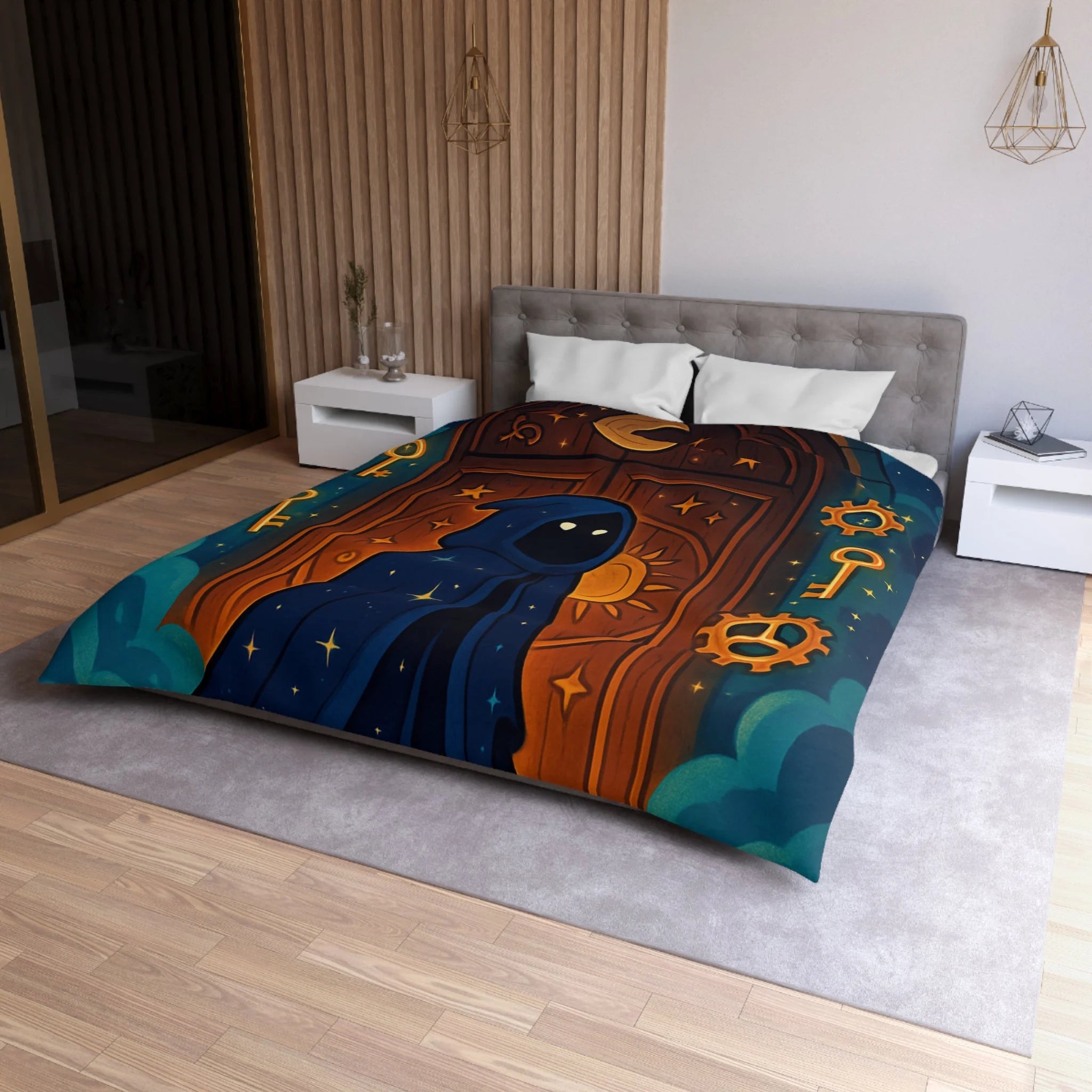 Housse de couette mystique avec capuche étoilée, porte magique et clés dorées