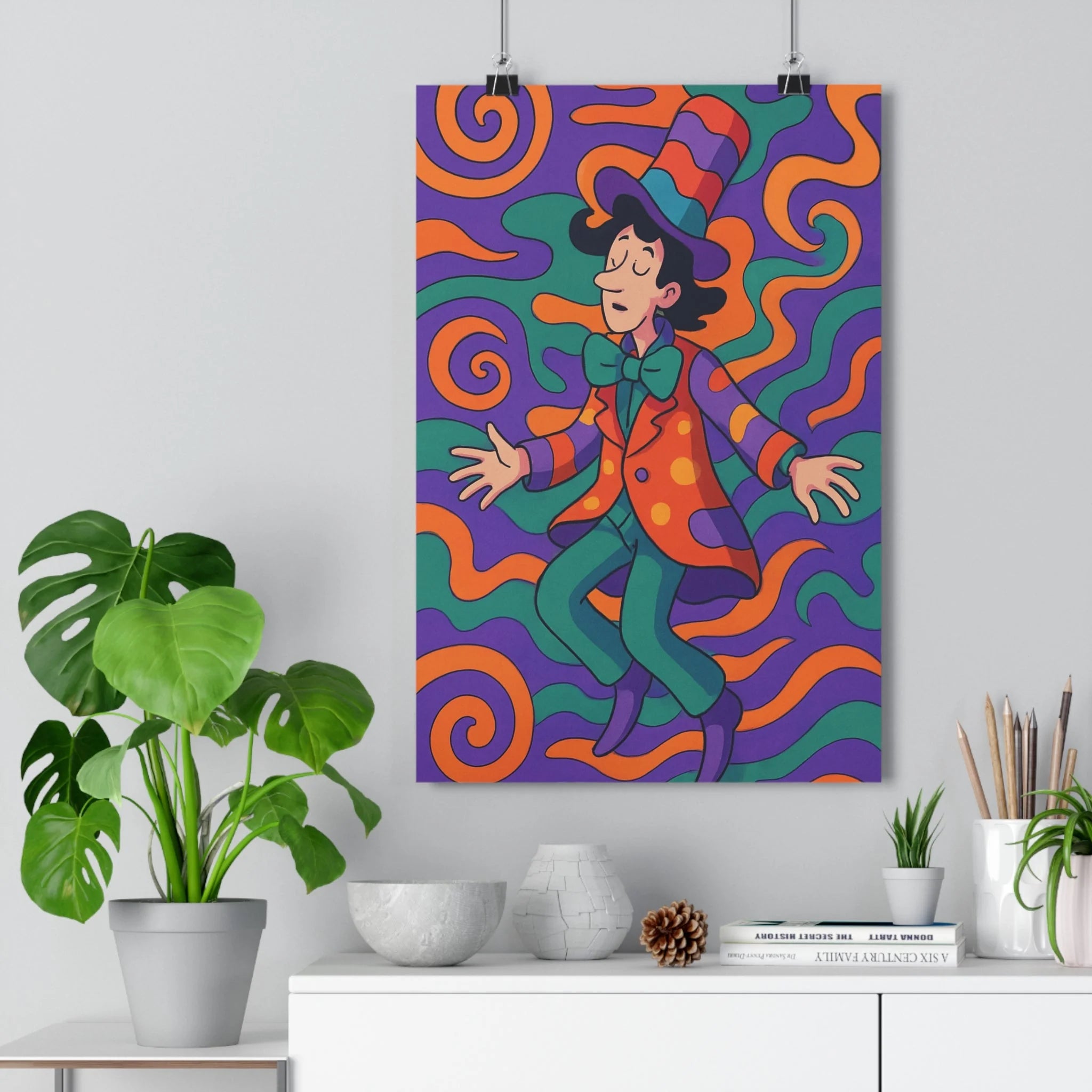 Poster décoratif psychédélique violet orange vert surréalisme énergique fantaisie salon chambre 30x46 design tendance