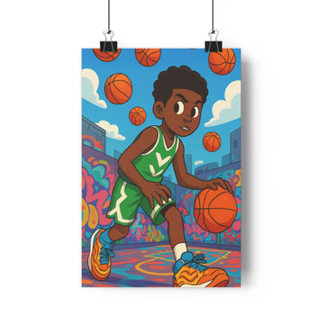 Poster sportif jeunes basketteurs maillot vert terrain coloré ballons ciel motifs géométriques cartoongraphique couleurs vives énergie chambre adolescente salon moderne