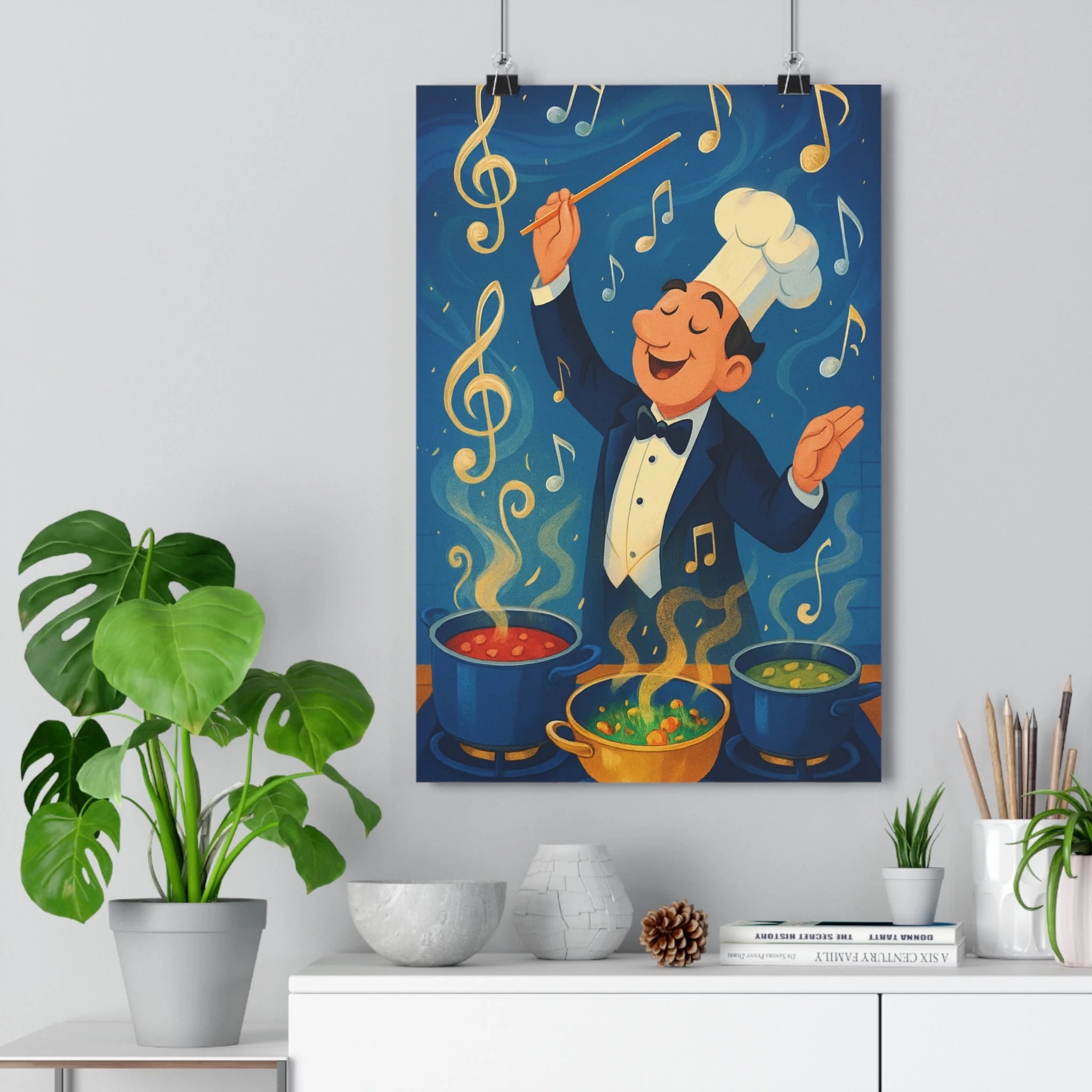 Poster décoratif culinaire joyeux moderne cuisine chef notes musique couleurs chaudes harmonieuse originale ambiance