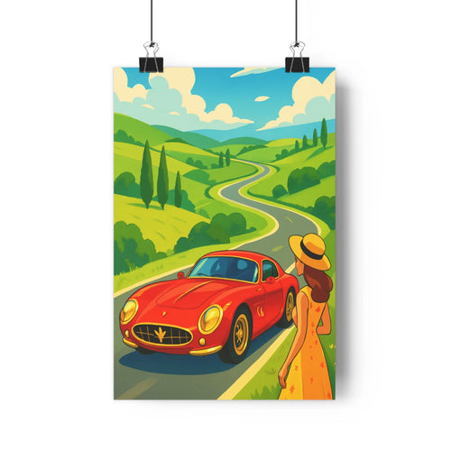Poster voiture rouge femme robe jaune chapeau paille paysage champêtre collines verdoyantes arbres isolés route sinueuse ambiance romantique journée ensoleillée