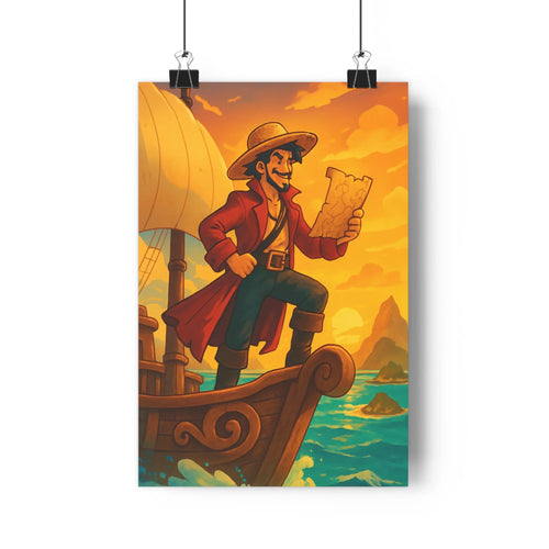 Poster marin carte bateau coucher soleil île plantes verte eaux bleues veste rouge ambiance romantique mystériereuse style cartoon contours nets