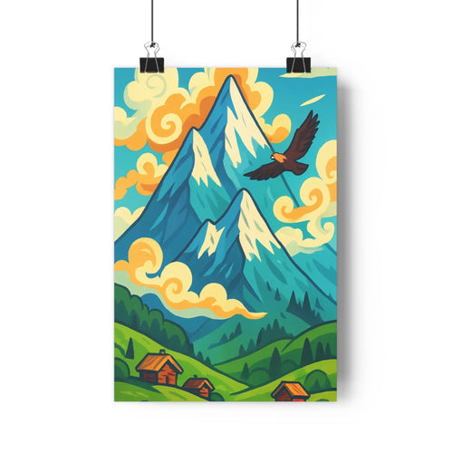 Poster montagneux aigle vol nuages bleus verts oranges paisibles naturels bois simples géométriques lumineux salon chambre