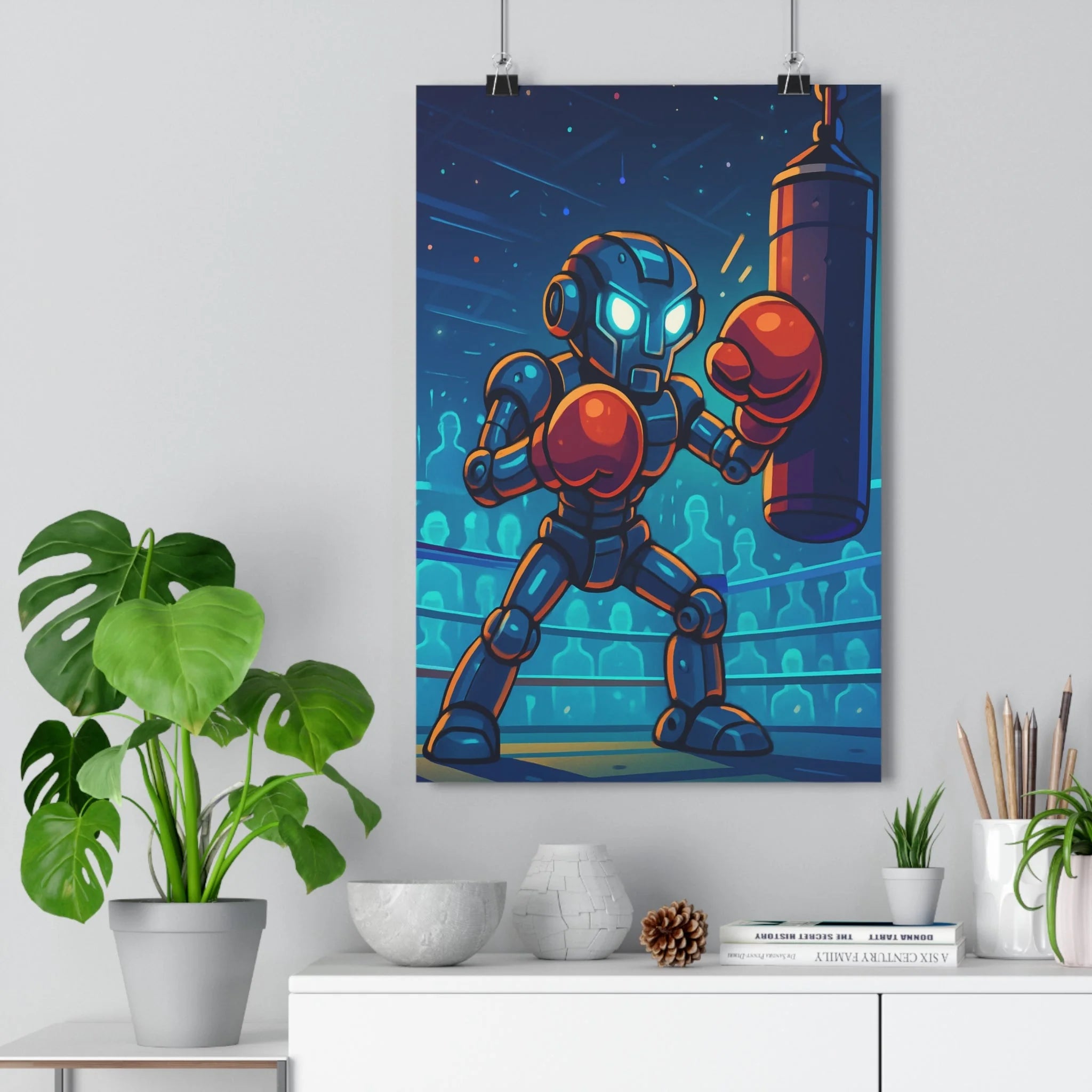 Poster décoratif futuriste robot boxeur animé bleu orange dynamique chambre bureau tendance unique qualité