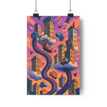 Poster fantastique dessins animés nuages voitures volantes oiseaux volants tons violets oranges bleus lignes fluides formes organiques ambiance étrange captivante