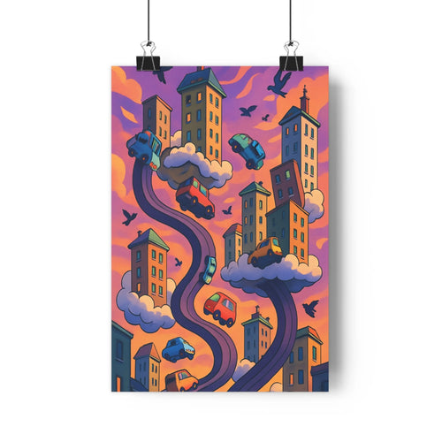 Poster fantastique dessins animés nuages voitures volantes oiseaux volants tons violets oranges bleus lignes fluides formes organiques ambiance étrange captivante