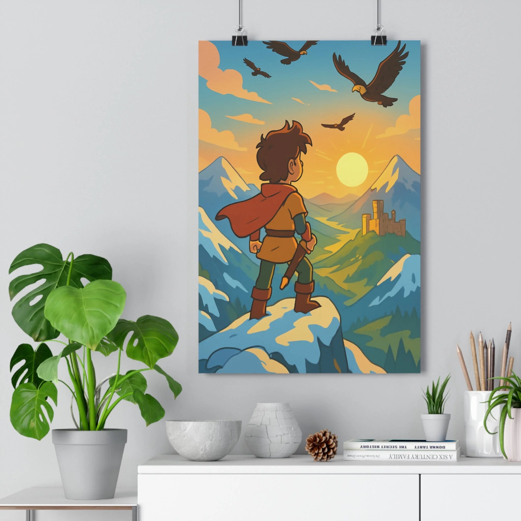 Poster décoratif panorama montagne bleu orange aventure inspirant salon chambre moderne majestueux qualité premium