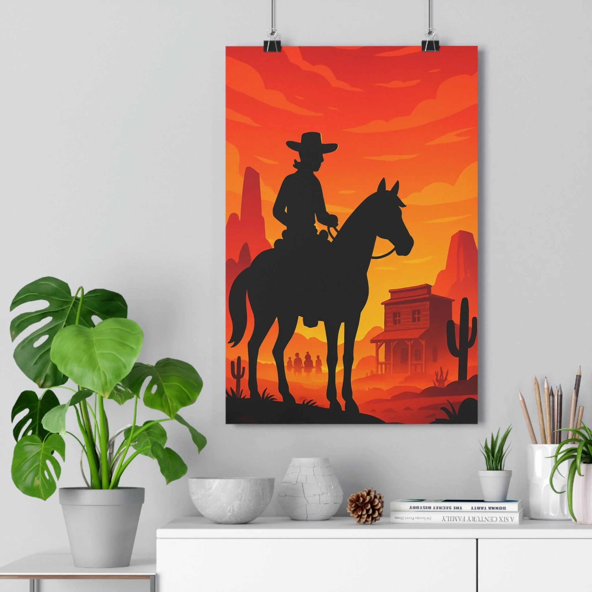 Poster décoratif vintage coucher soleil orange rouge cowboy cheval western salon chambre ambiance dramatique