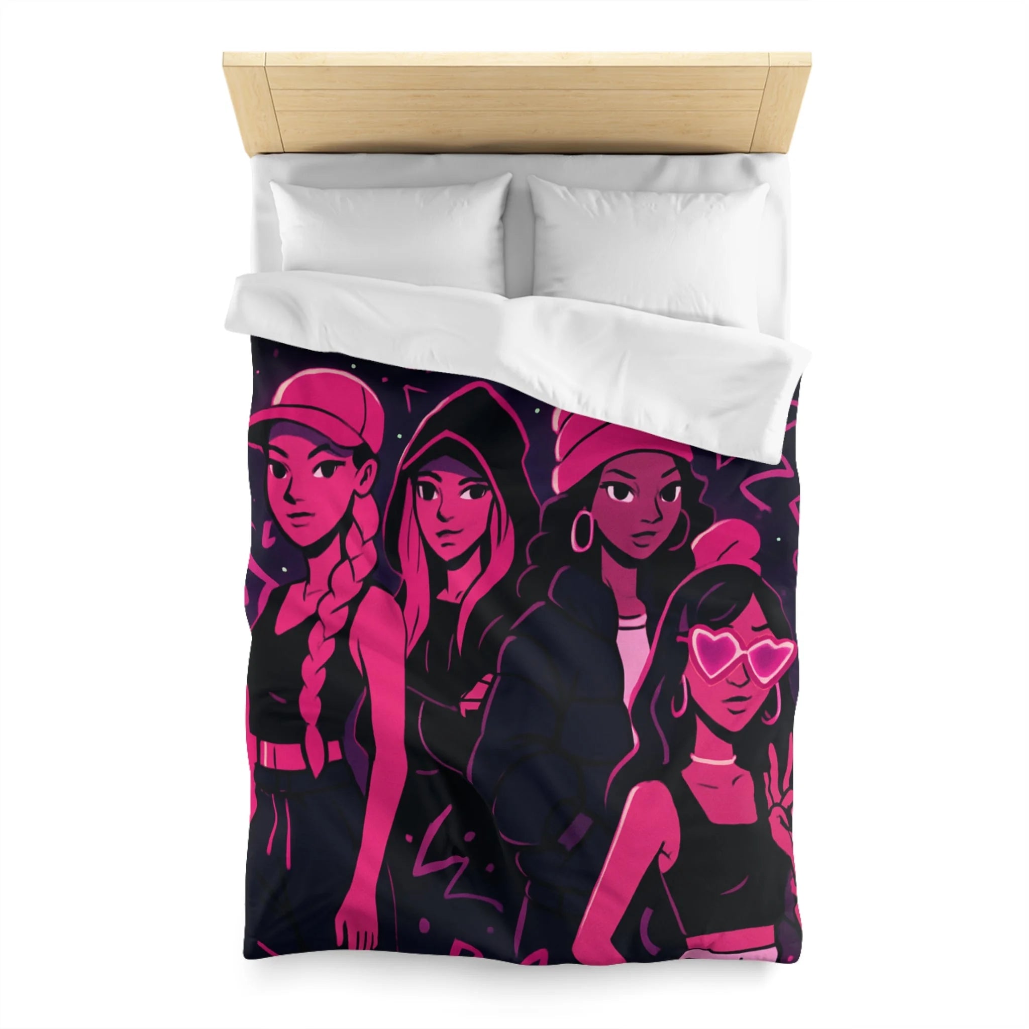 Housse de couette urbaine avec silhouettes féminines et motifs fluorescents nuit étoilée