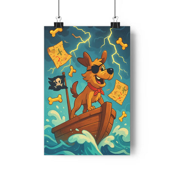 Poster aventure marine chien lunettes soleil embarcation bois cartes trésors os flottants éclair lumineux vague bleue nuage sombre ambiance énergique