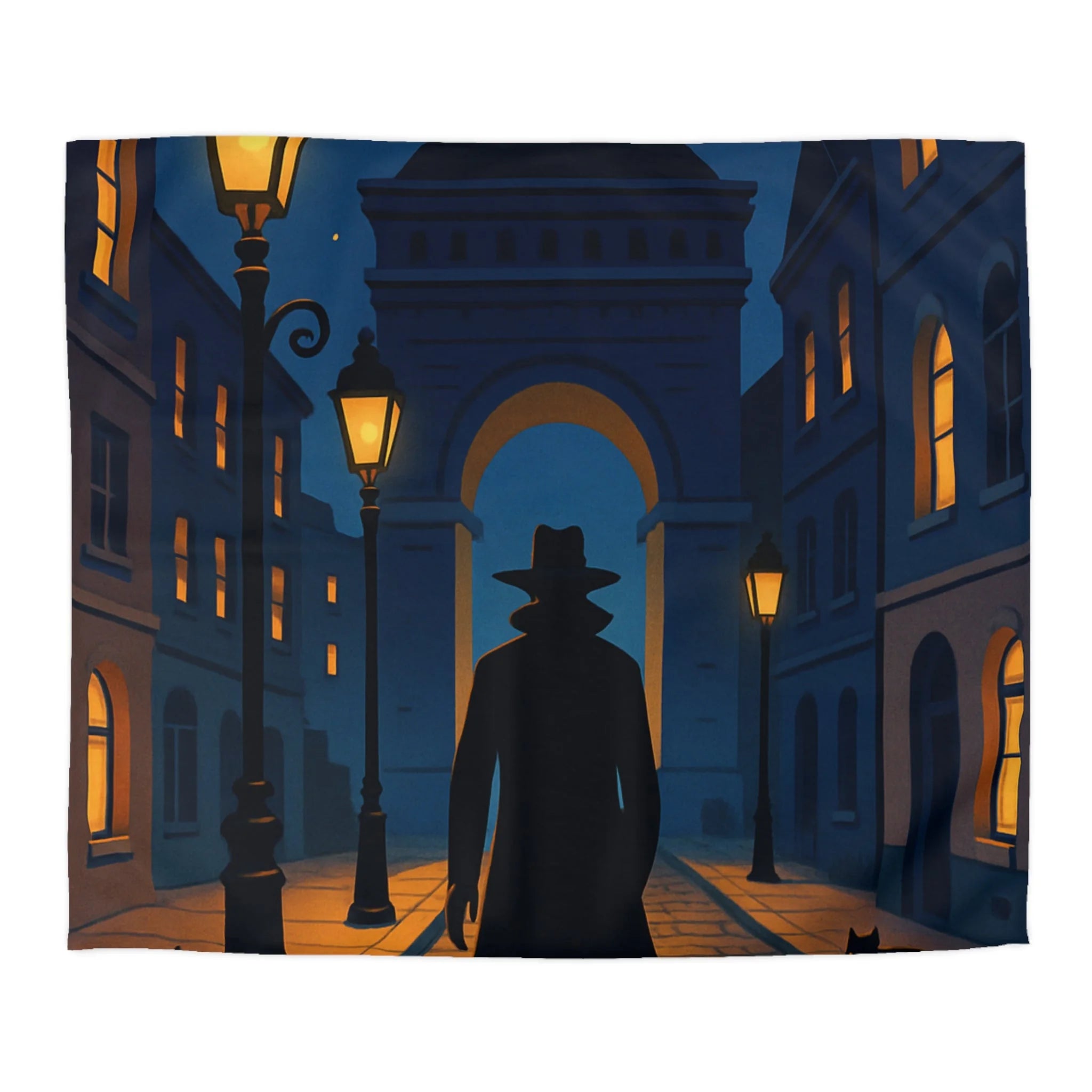 Housse de couette noire mystérieuse, silhouette d'homme avec chats et lampadaires nocturnes