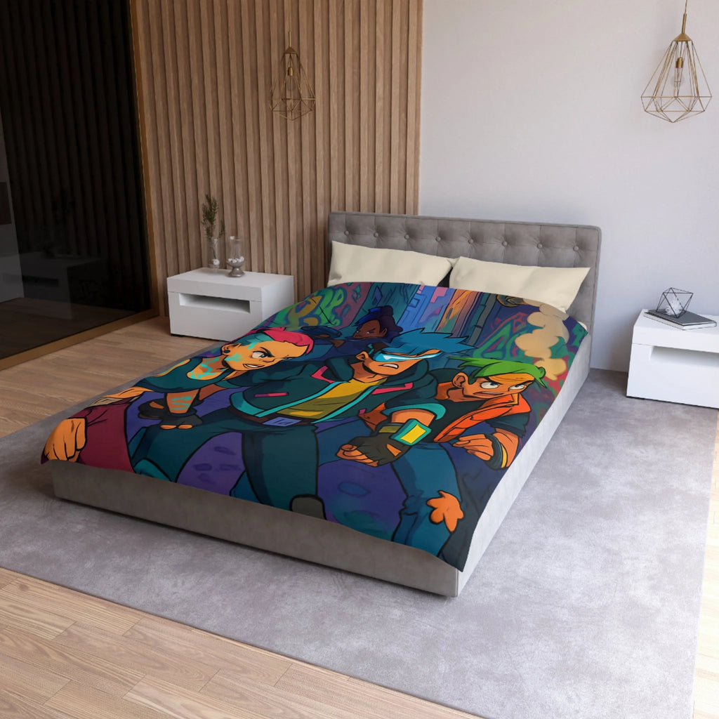 Housse de couette néon rétro avec personnages futuristes dans ruelle urbaine animée