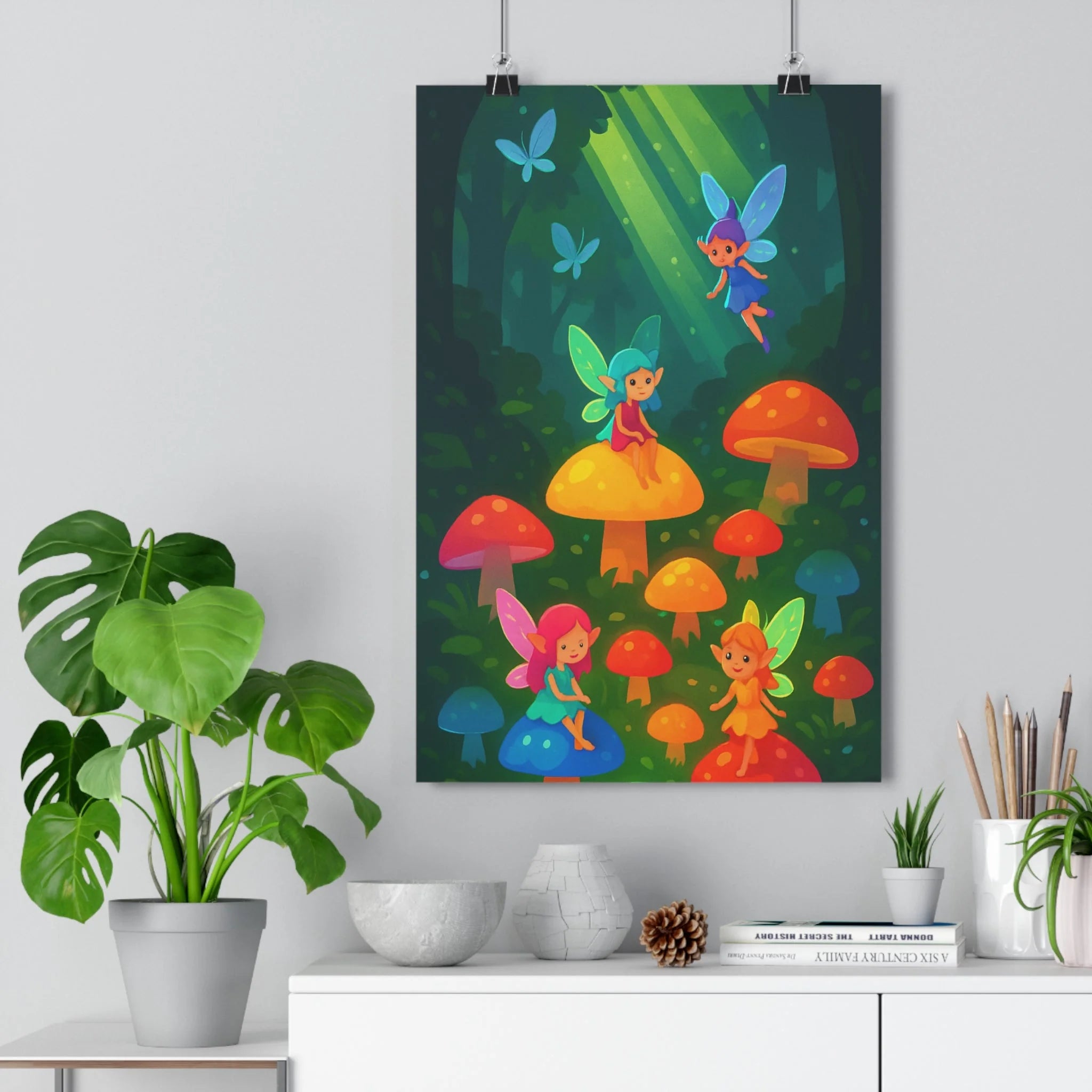 Poster décoratif forêt enchantée fées ailes colorées cartoon lumineux joyeux enfant chambre 30x46 cm